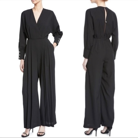 Donna Mizani- NWT Black Long-sleeve V-neck Wide Leg Jumpsuit Ruth Pearl Buttons - Picture 1 of 6